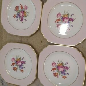 Set 4 old ivory pink floral Syracuse dessert plates gold trim cottagecore shabby